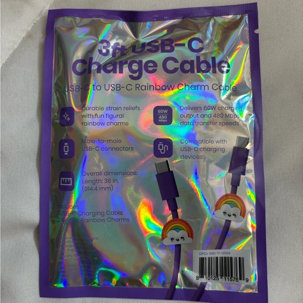 NWT Purple USB-C Charging Cable with Rainbow Cloud Design 3ft